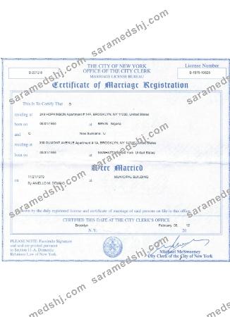 USA New York certificate of marriage registration